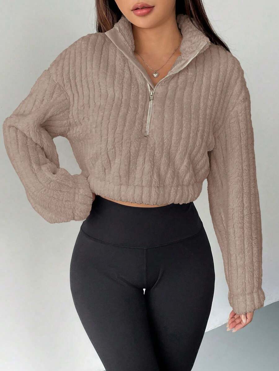 SHEIN EZwear Women'S Zipper Plush Half Zip Sweatshirt - Brown - View 1