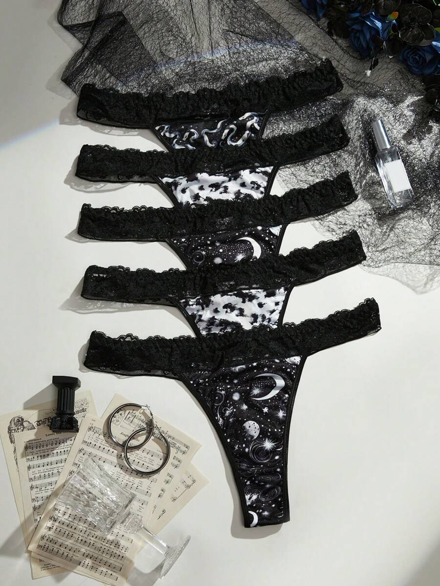 5pcs/Pack Plus Size Lace Patchwork Panties - Black and White - View 1