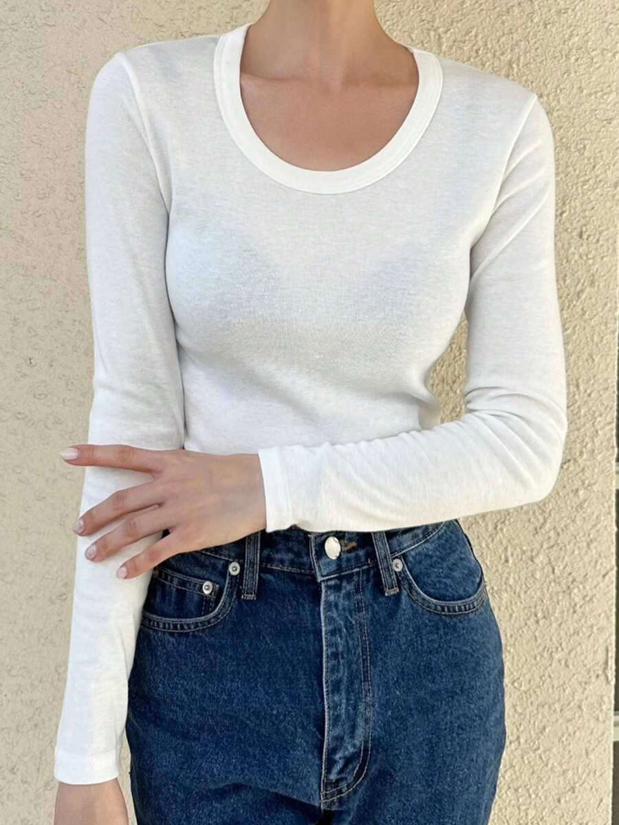 DAZY Của phụ nữ Vòng cổ Tay áo dài Áo thun - trắng - Xem 1