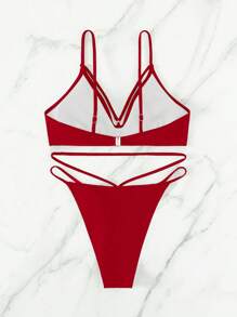Solid Color Hollow Out Two Pieces Bikini Set New Year Summer Beach - Red - View 3