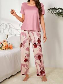 Women'S Round Neck Short Sleeve Top And Floral Printed Pants Pajama Set - Multicolor - View 4
