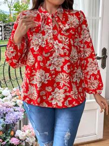 SHEIN Franclia 大碼女士花卉印花系領襯衫 - 紅色 - 查看 4