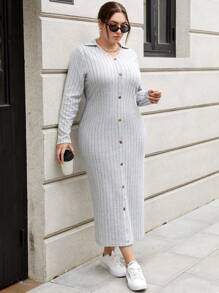SHEIN Essnce 大碼鈕扣長袖連衣裙 - 灰色 - 查看 3
