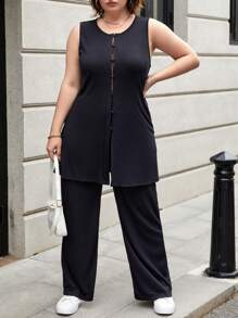 SHEIN Essnce 女性大尺碼黑色無袖上衣和長褲套裝,適用於春夏季節 - 黑色 - 查看 5