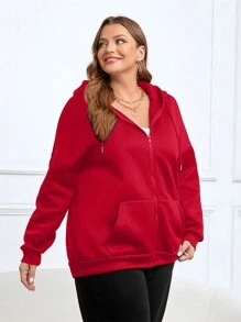SHEIN EZwear Plus Size Kangaroo Pocket Zip Up Sweatshirt - Red - View 3