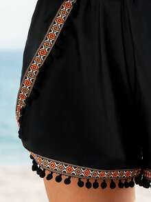 SHEIN Swim Women'S Geometric Pattern Web, Furry Ball Detail Cover-Up Shorts - Black - View 3
