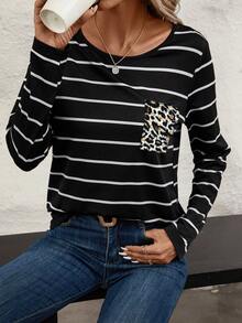 SHEIN LUNE Women's Leopard Patchwork Striped T-Shirt With Pocket - Coffee Brown - View 8