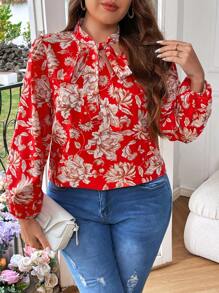 SHEIN Franclia 大碼女士花卉印花系領襯衫 - 紅色 - 查看 2