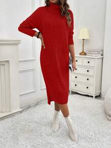 SHEIN LUNE 休閒女式高領毛衣裙 - 紅色 - 查看 1