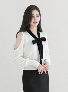 DAZY Women's Color Block Tie Cold-Shoulder Sweater,Fall Clothes - White - View 1