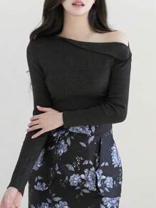 DAZY Của phụ nữ Màu thuần Bất đối xứng Vòng cổ Knit ngọn - màu đen - Xem 1