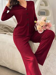 女士單排扣長袖長褲睡衣套裝 - 酒紅色 - 查看 6