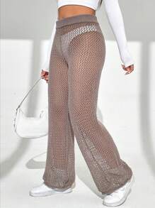 SHEIN Unity 1pc High-Waisted Eyelet Knit Trousers - Mocha Brown - View 6