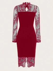 SHEIN Clasi 女用蕾絲拼接鏤空連身裙 - 紅色 - 查看 5