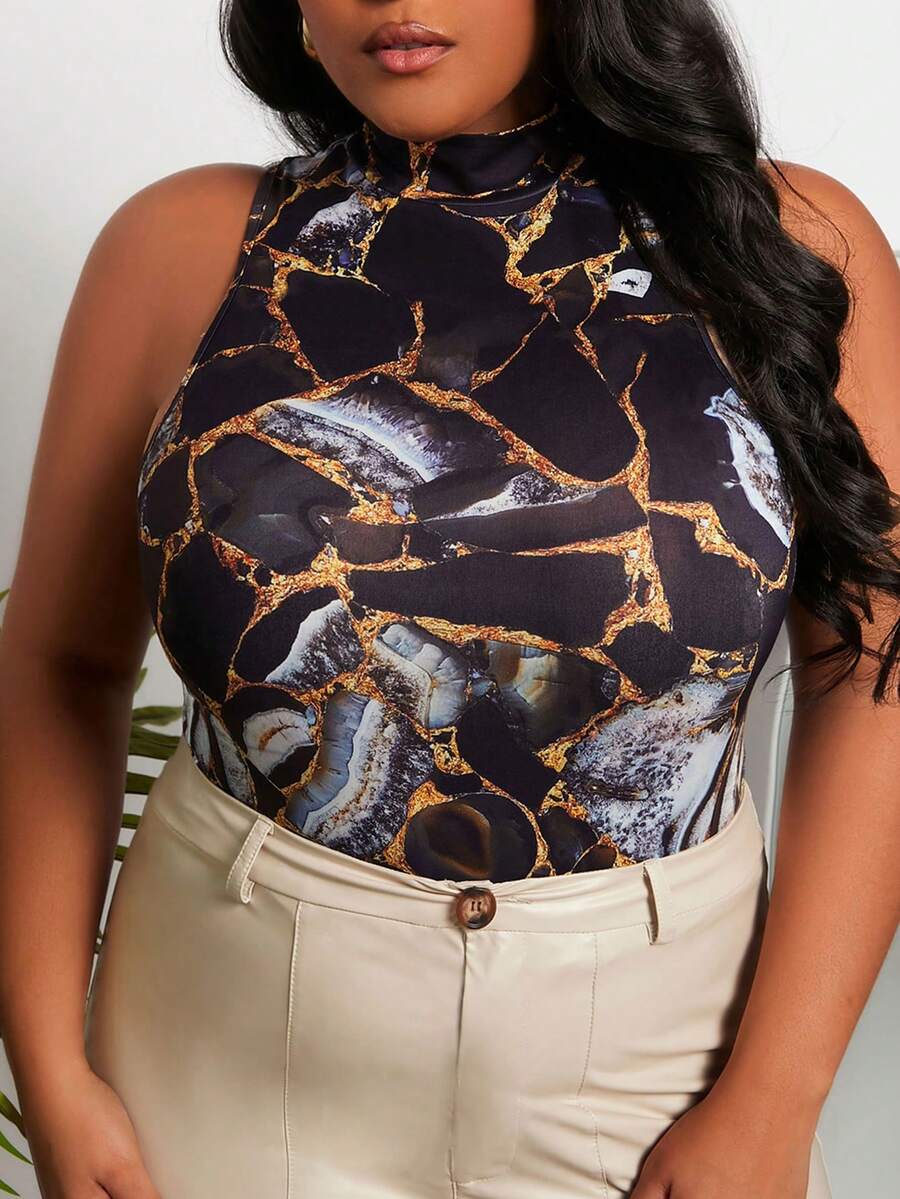 SHEIN Slayr Women'S Plus Size Marble Printed Stand Collar Tank Top For