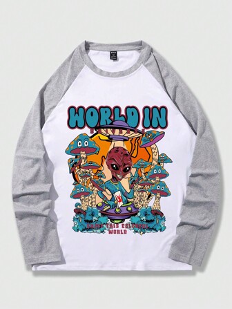 Street Life Camiseta De Manga Larga Raglán Con Estampado De Letras Y Alienígenas Para Hombre
