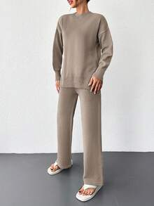 Cloudara 2pcs/set Women's Solid Color Round Neck Drop Shoulder Sweater And Knitted Straight Pants - Krem - View 6