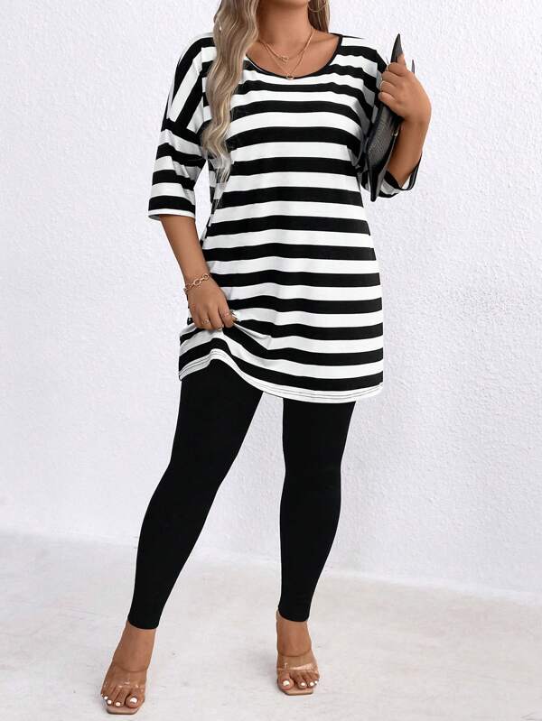 Plus Size Women Striped Drop Shoulder Top And Leggings Set, Summer