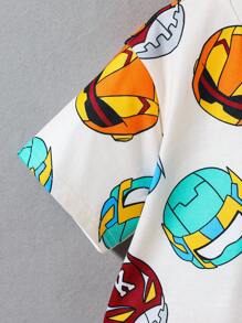 Young Boy 2pcs/Set Cute Casual Street Style Cartoon Print Loose-Fit Comfortable Drop Shoulder T-Shirt And Shorts Spring/Summer Outfits Suitable , Home Wearing, School - Apricot - View 4