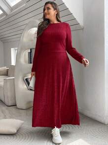 SHEIN Essnce 大尺碼純色肋紋針織兩件套裝 - 酒紅色 - 查看 5
