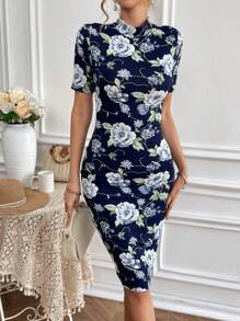 SHEIN Frenchy 花卉印花立领修身女士连衣裙情人节婚纱优雅风格 - 彩色 - 查看 4