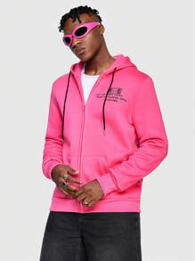 ROMWE MEN Anime Men Dragon And Letter Print Drawstring Hooded Sweatshirt - Hot Pink - View 6