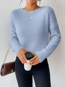 SHEIN Essnce 女款落肩長袖毛衣套頭衫 - 淺藍色 - 查看 3