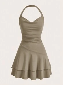 SHEIN MOD Đầm bó sát hở lưng đan dành cho nữ - Màu Khaki - Xem 1