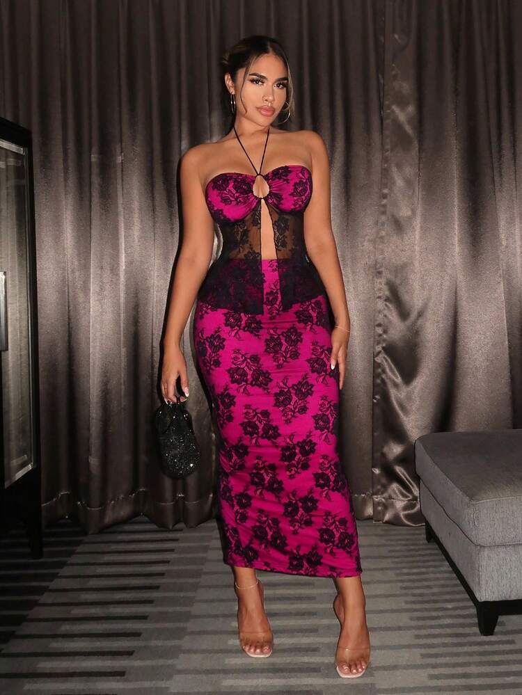 Valentines Floral Sheer Mesh Halter Top And Skirt Set With Side Slit Women Co-Ords Birthday Outfit Spring Women Clothes Prom Dress Valentine Day Dress Date Night Dress Bachelorette Party