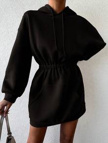 RueChic Women's Drawstring Hooded Fleece Sweatshirt Dress - Brown - View 5