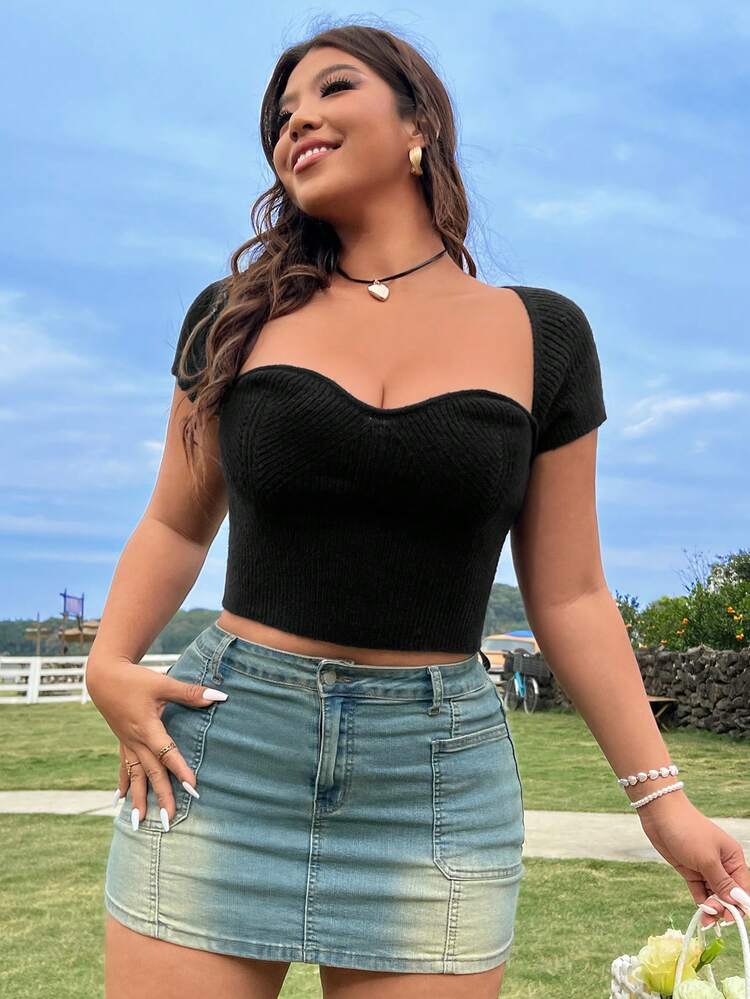 Fashionable Simple Fit & Sexy Sweetheart Neck Knit Top