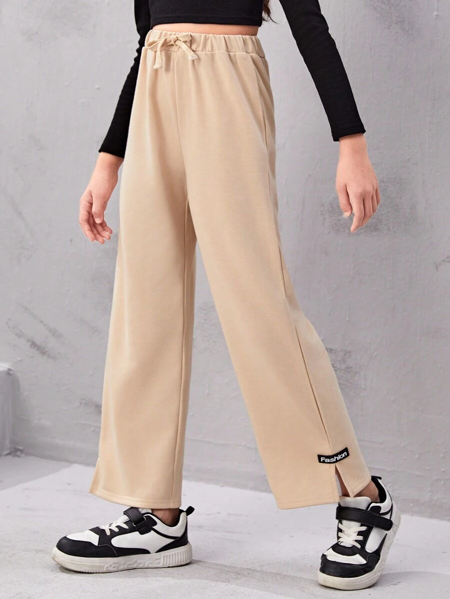 SHEIN Tween 女孩針織開衩下擺貼膠運動褲 - 杏色 - 查看 1