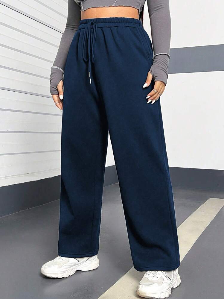 Flirla Plus Size Solid Color Waist Drawstring Jogger Pants - Navy Blue - View 5
