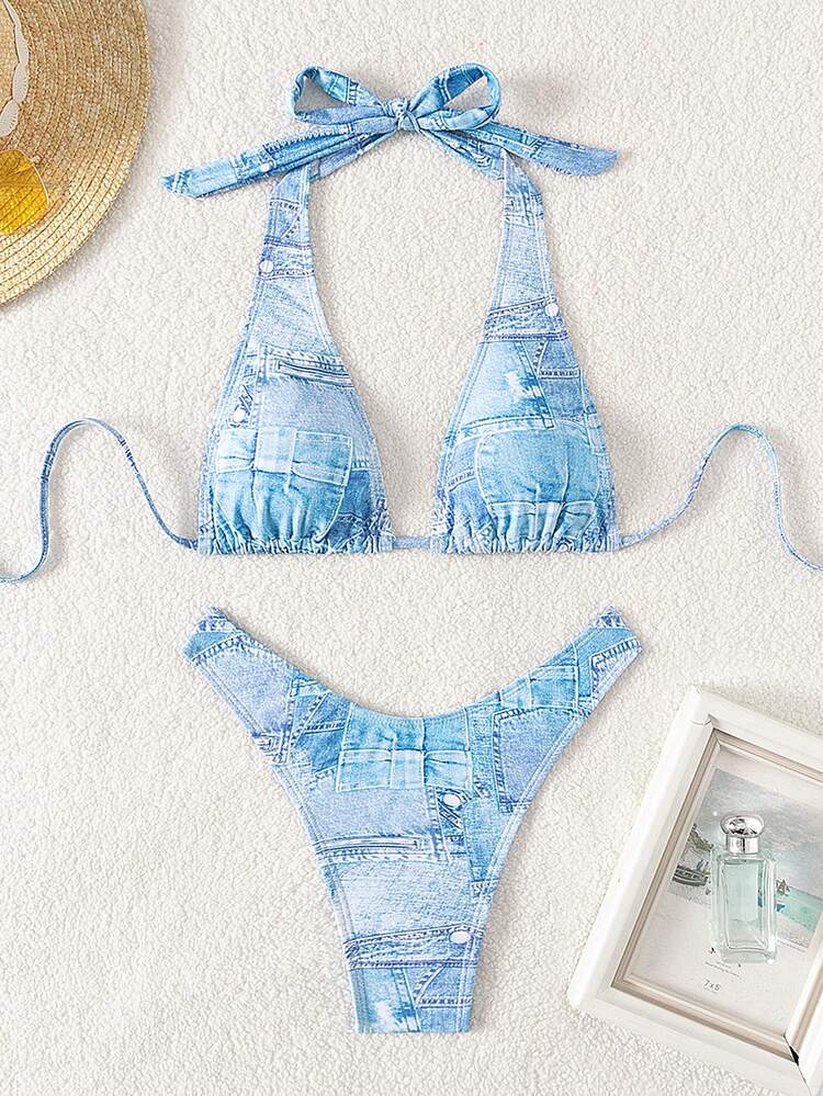 Summer Women's Denim Effect Print Halter Neck Bikini Set