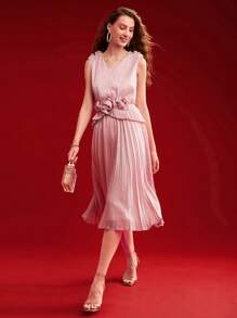 MOTF PREMIUM Vestido plisado sin mangas con decoración de flor 3D, atuendo para el Día de San Valentín