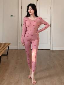 DAZY Bộ đồ ngủ tay dài và quần dài in hình trái tim cho nữ mùa thu đông - Hồng - Xem 3
