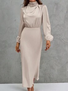 SHEIN Clasi Solid Mock Neck Lantern Sleeve Satin Dress - Pink - View 1