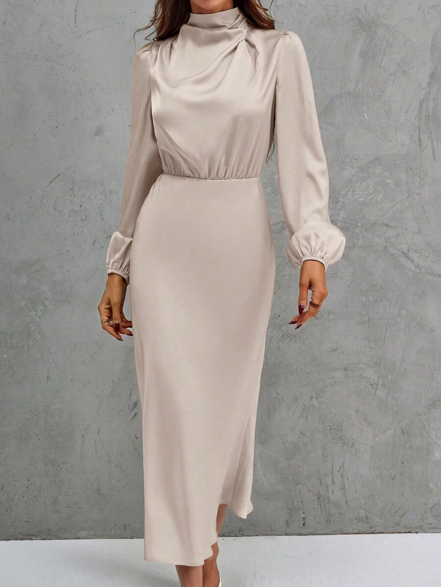 SHEIN Clasi Solid Mock Neck Lantern Sleeve Satin Dress - Pink - View 1