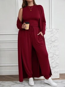 SHEIN LUNE 2pcs/Set Plus Size Solid Color Tank Top, Slanted Pocket Trousers And Open Front Coat Outerwear - Burgundy - View 3