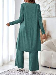 SHEIN LUNE 純色吊帶背心上衣、長褲和開襟夾克 3 件套 - 墨綠色 - 查看 2