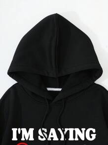 Men'S Slogan Print Fleece Hoodie With Drawstring - Black - View 3