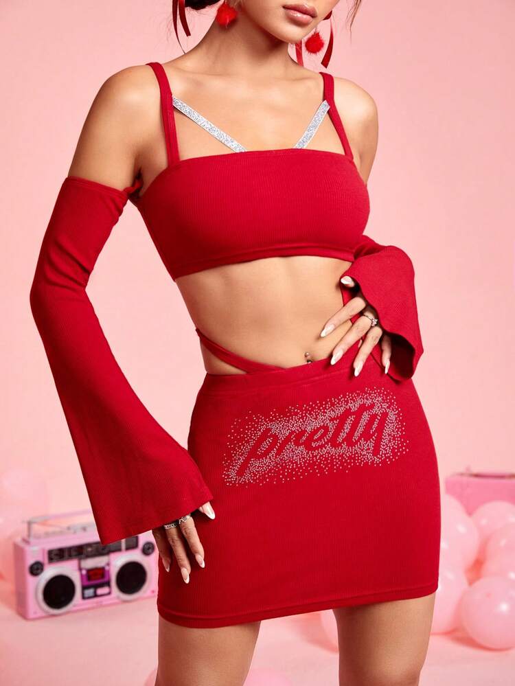 Color Contrasting Glitter Straps & Hollow Shoulder Design Cropped Top And Skirt Matching Set