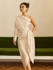 Women'S One Shoulder Long Sleeve Ruffle Detail Dress With Side Split - Champagne - View 4