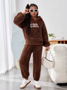 Cô gái Chữ thêu Thiết kế Tính hai mặt Lông cừu Bộ - màu nâu - Xem 1