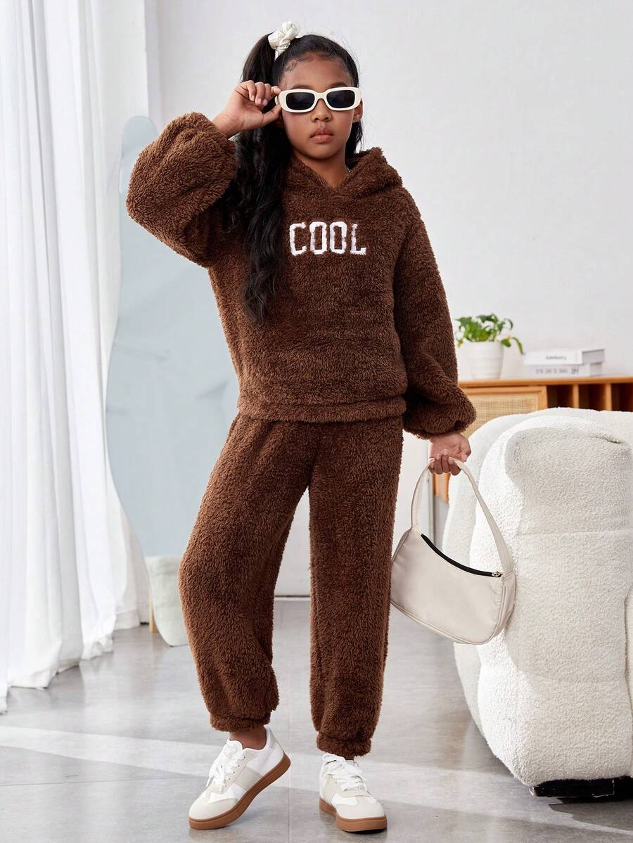 Cô gái Chữ thêu Thiết kế Tính hai mặt Lông cừu Bộ - màu nâu - Xem 1