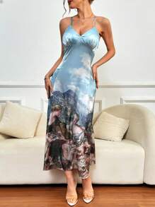 SHEIN Privé 女士復古幾何印花細肩帶 A 字連身裙 - 彩色 - 查看 4