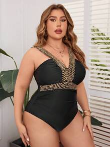 Swim Lushoire Plus Size Stitch Detail One Piece Swimsuit Summer - Black - View 3