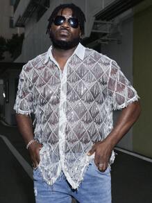 GENTILAND 男款大尺碼亮片拼布流蘇飾邊休閒短袖襯衫 - 白色 - 查看 6