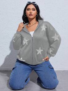 SHEIN EZwear 大码拉链星形图案卫衣 - 灰色 - 查看 4