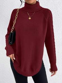 SHEIN LUNE 純色高領套頭連衣襯衫,線條寬鬆袖休閒毛衣 - 酒紅色 - 查看 5